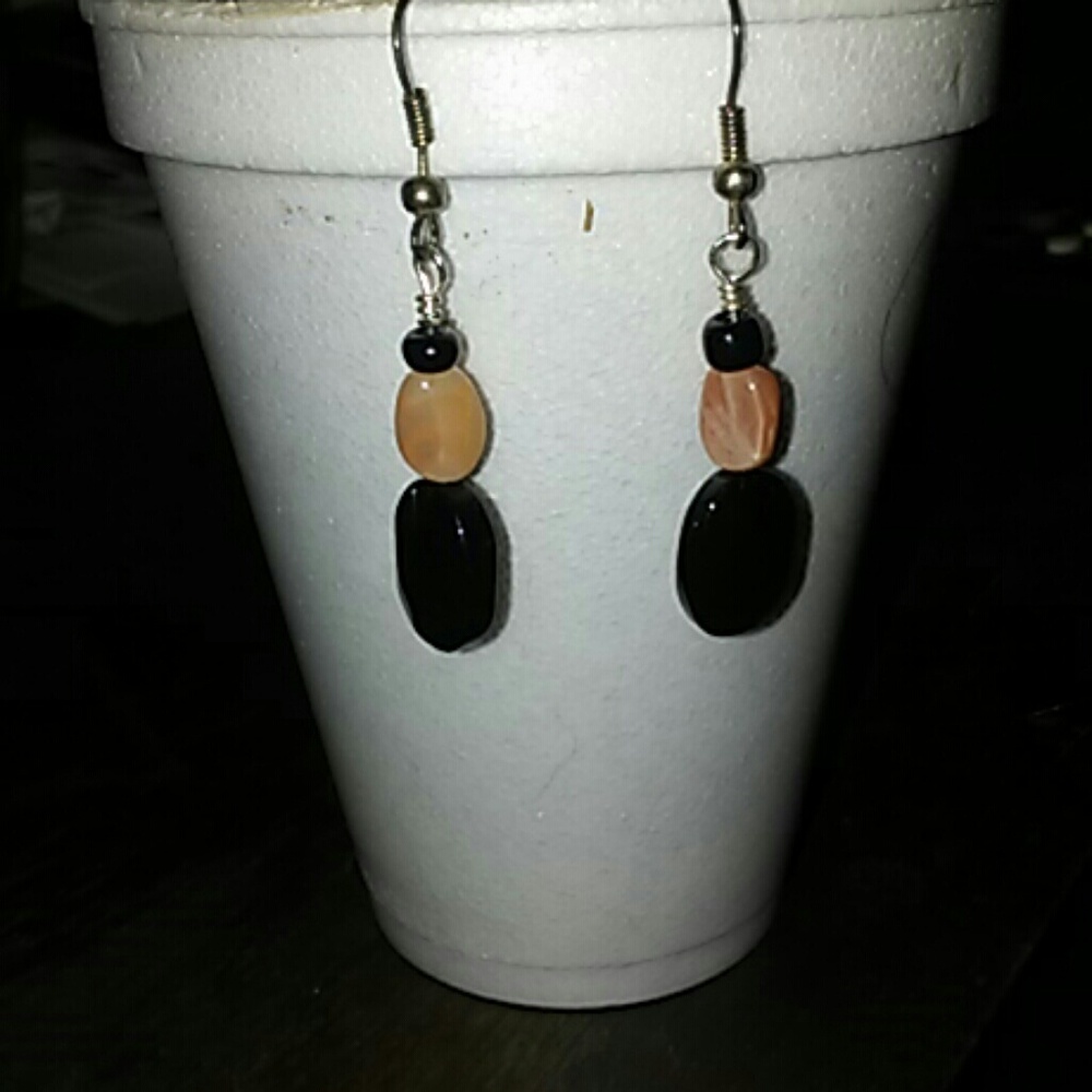 Quality silver hook pink and black stone earring